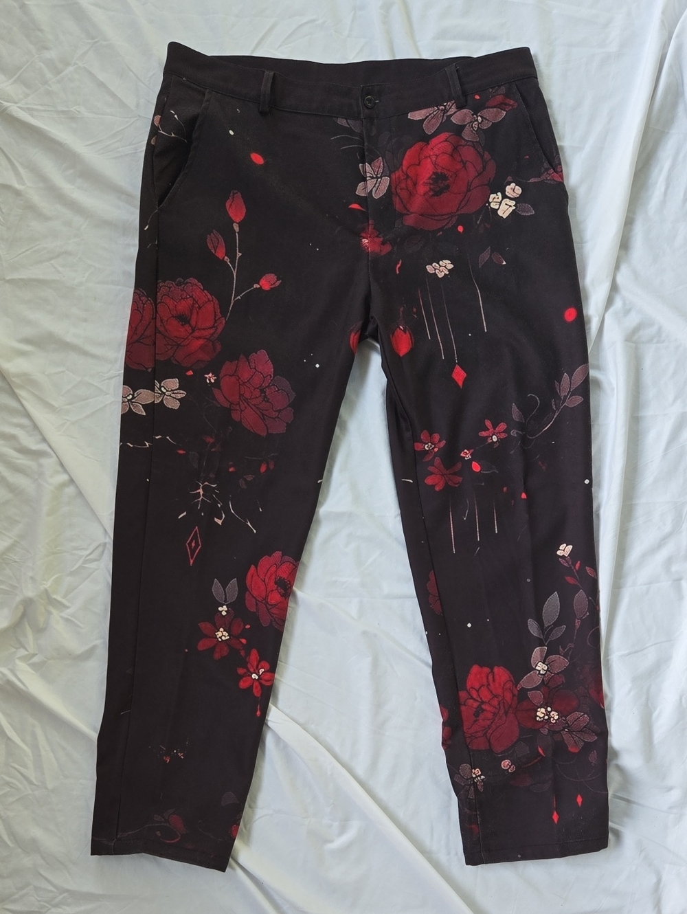 Men's FUNKY Black Pants With Red Rose Flower & Floral Print On Front&Back